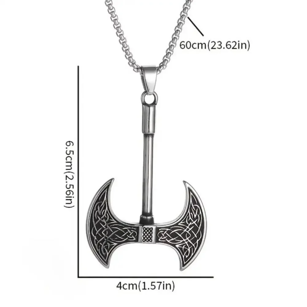 Men's Viking Axe Pendant Necklace Silver Tone Celtic Knot Double Blade Norse